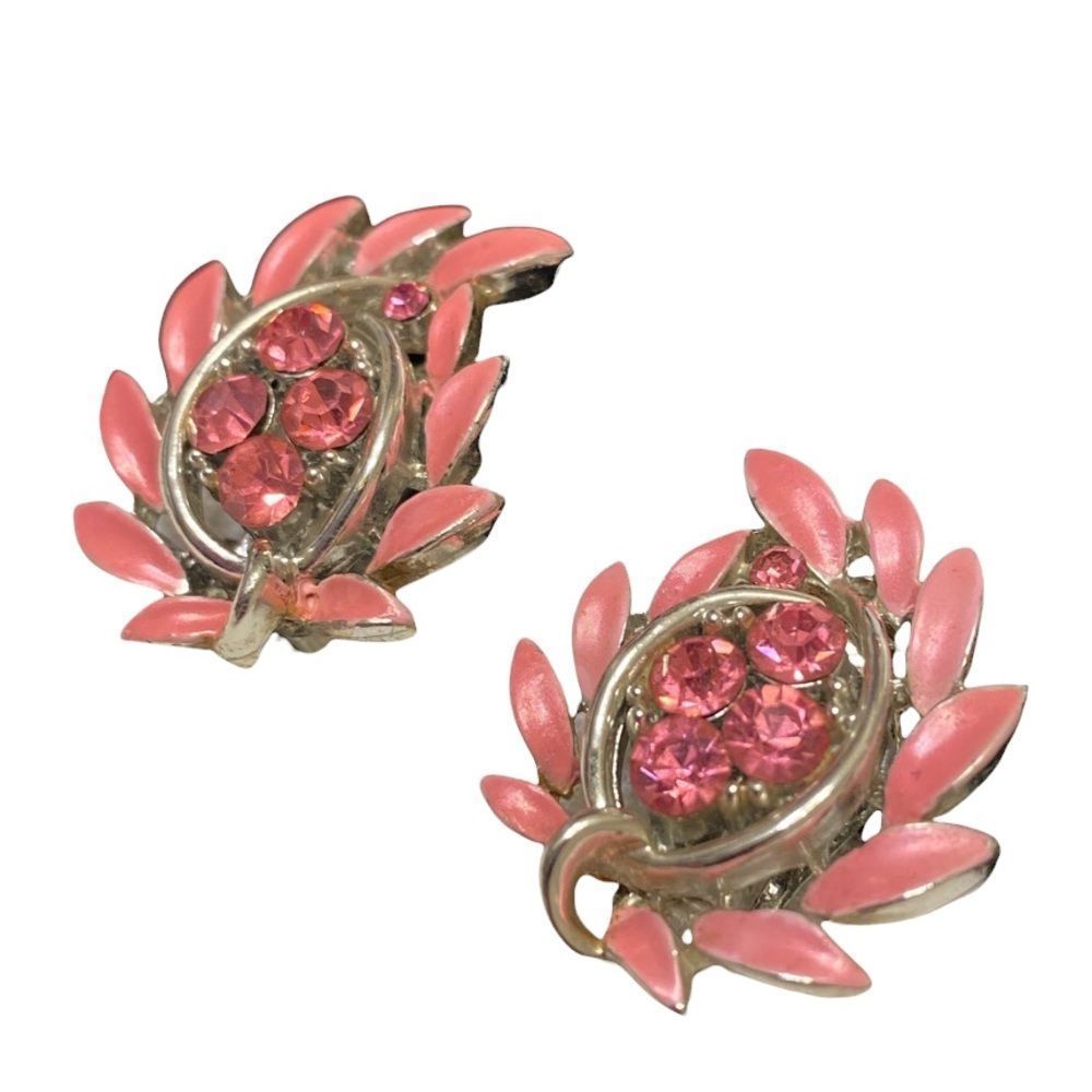 Vintage Lisner Pink Enamel And Rhinestone Clip On Earrings - Picture 3 of 13